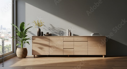 Modern wooden sideboard with plant and decor, natural light from large window