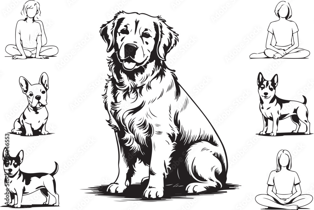 Fototapeta premium Diverse Dogs and Figures in Zen Poses: A Stylized Illustration