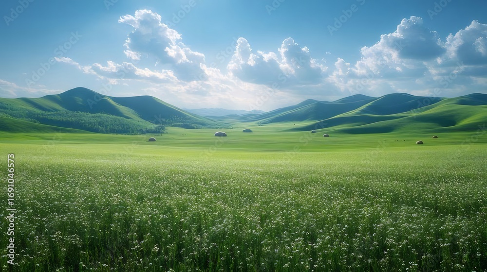 Naklejka premium 晴れた日の緑豊かな風景 美しい青空と白い雲が広がる平原 風光明媚な丘陵地帯