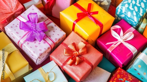 A joyful pile of colorful gift boxes tied with playful ribbons, evoking childhood excitement and wonder.