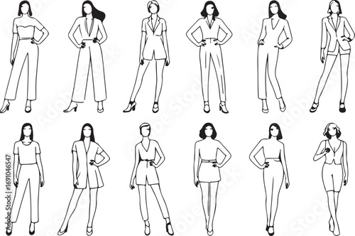 Diverse Fashionable Women's Outfits Illustrated in Black and White Line Art