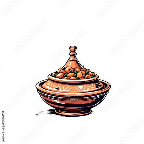 Traditional Moroccan tagine pot illustration filled with savory stew and apricots featuring decorative patterns.