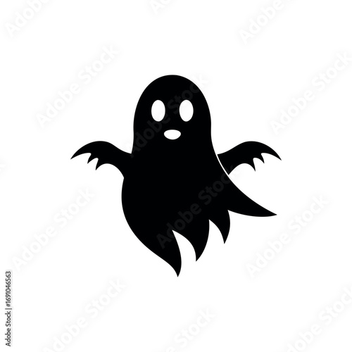 Simple black and white ghost illustration with spooky bat wing shaped arms silhouette vector