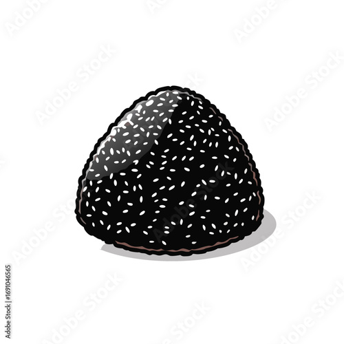 Triangular Onigiri Illustration with Black Sesame Seeds and Shadow.