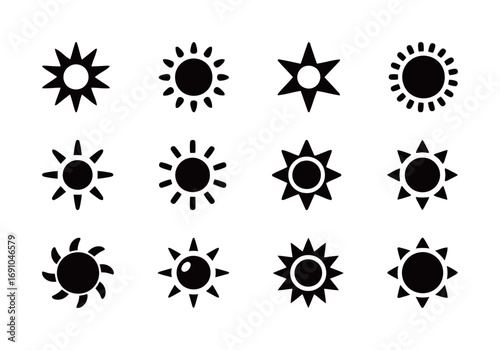 A large collection of black solid vector icons of different styles of suns, including radial rays and sharp spikes, on a white background.