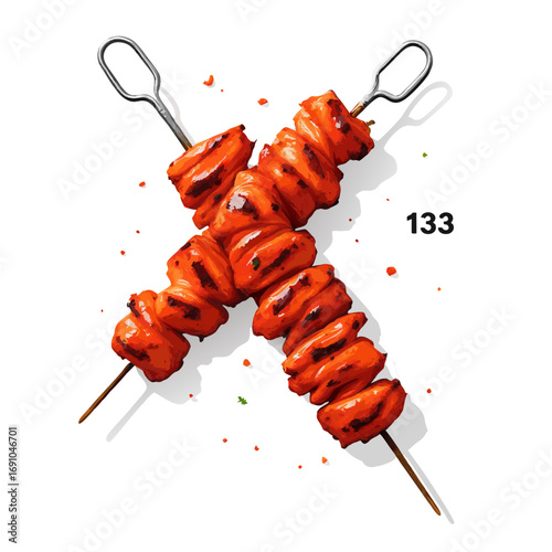 Two crossed skewers of grilled marinated red meat with char marks in a vibrant stylized food illustration.