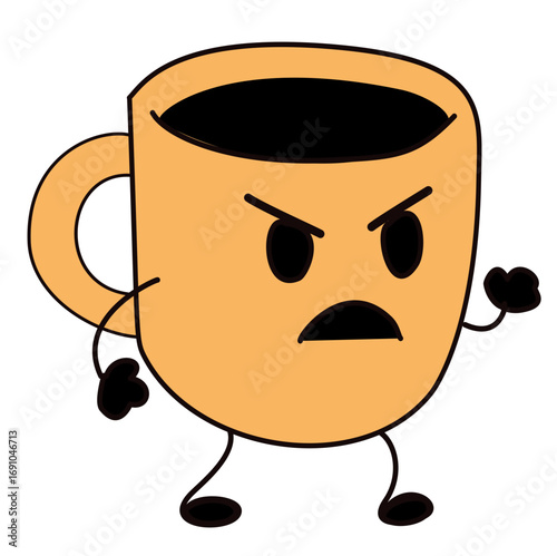 Cartoon illustration of an angry coffee cup with arms and legs, symbolizing caffeine dependence, morning struggles, and the fight to wake up, in a humorous style.