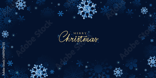 Winter holiday frame with snowflakes. Falling snowflakes on the blue dark background. Merry Christmas, Happy New Year design.