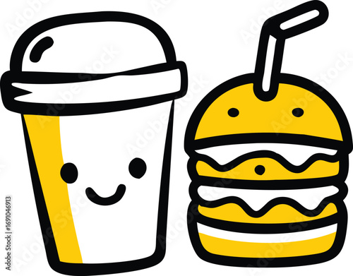 Kawaii doodle soft drink and burger friends on white background vector