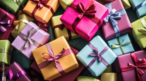 A joyful pile of colorful gift boxes tied with playful ribbons, evoking childhood excitement and wonder.