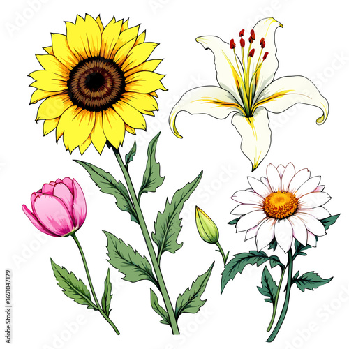 Vibrant collection of stylized illustrated flowers including a sunflower lily tulip and daisy with colorful neon outlines.