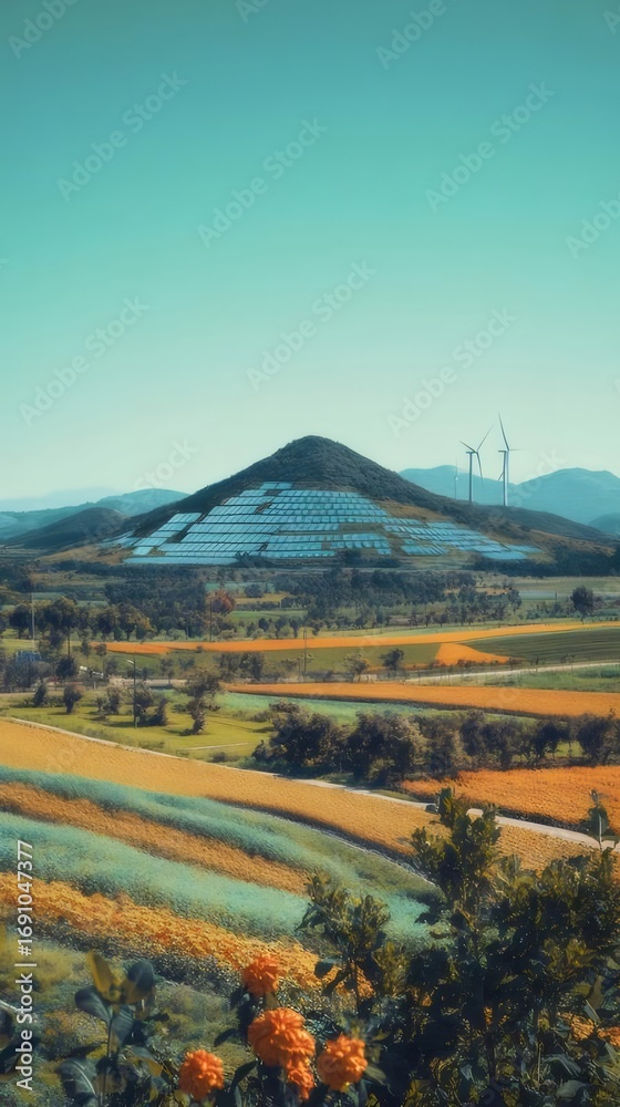 Fototapeta premium 穏やかな丘陵風景 太陽光パネルと風車のある緑豊かな風景と明るい青空のある田園地帯