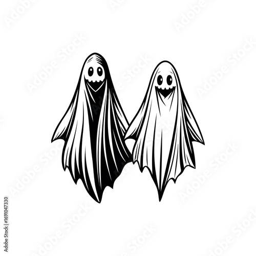 Two friendly ghosts ready for Halloween night, in black and white silhouette vector