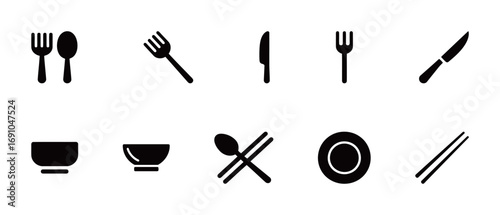 A collection of black solid vector icons of various tableware and utensils, including forks, spoons, knives, plates, and bowls.