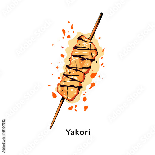 Vibrant grilled chicken skewer illustration with goldenbrown texture savory sauce and bright pink stick.