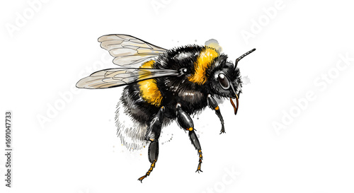 Close-up illustration of a fuzzy bumblebee with black and yellow stripes png clear alpha channel cutout isolated on transparent background