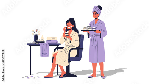 Young woman relaxing with a facial mask and cucumber slices while a spa attendant brings a tray of refreshments and beauty products
