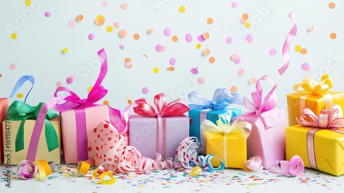 A joyful pile of colorful gift boxes tied with playful ribbons, evoking childhood excitement and wonder.