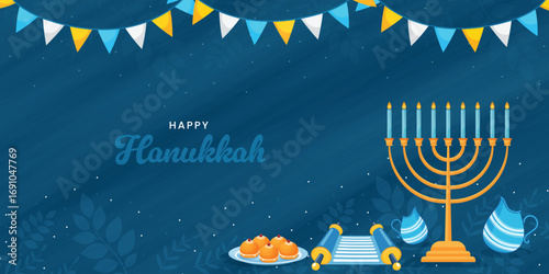 A festive banner for the Jewish holiday of Hanukkah. Features a golden menorah, a Torah scroll, sufganiyot and party garlands on a dark blue background.
