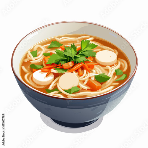 Vibrant noodle soup bowl with fresh herbs carrots and fish cakes illustrative style.