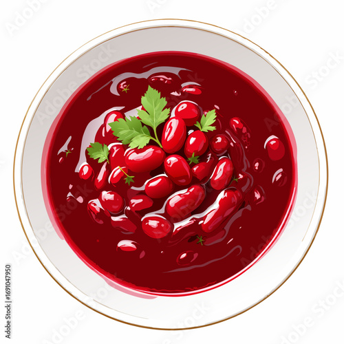 Vibrant red bean stew in clear bowl garnished with fresh green herbs top view illustration.