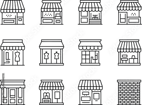 Collection of simple line art storefront icons in various styles