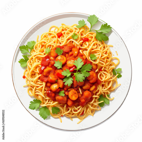 Vibrant Spaghetti with Tomato Bean Sauce and Parsley Garnish.