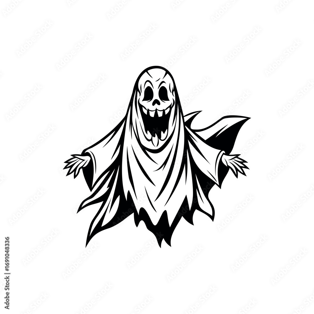 Obraz premium Black and white illustration of a scary Halloween ghost with a spooky grin silhouette vector