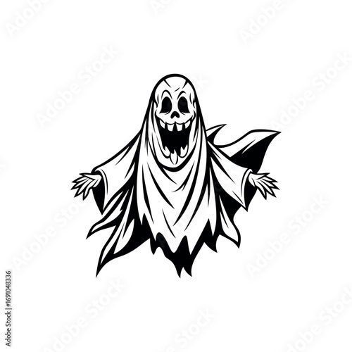 Black and white illustration of a scary Halloween ghost with a spooky grin silhouette vector