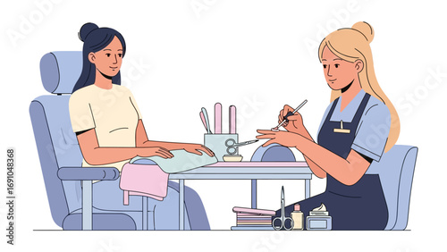 A professional manicurist carefully applies nail polish to a client s fingernails at a salon table creating a beautiful manicure experience