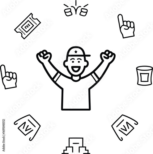 Excited fan celebrating sporting event success with iconic symbols