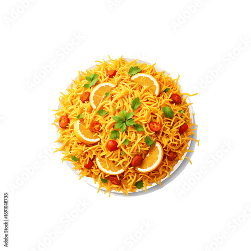 Vibrant yellow vermicelli noodles garnished with fresh orange slices red cherry tomatoes and green herbs top view.