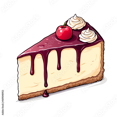 Whimsical Slice of Cheesecake with Cherry and Drizzle.