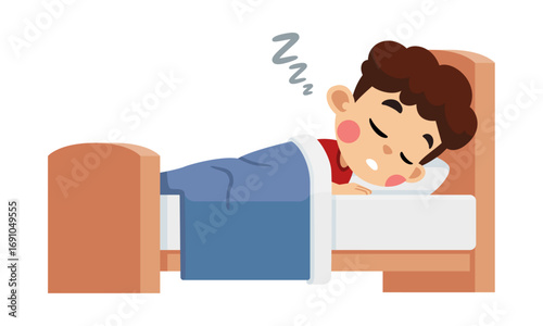 Cartoon boy sleeping soundly in bed with a blue blanket.
