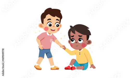A kind boy helps his sad friend get up from the ground, showing empathy and support in a heartwarming moment.