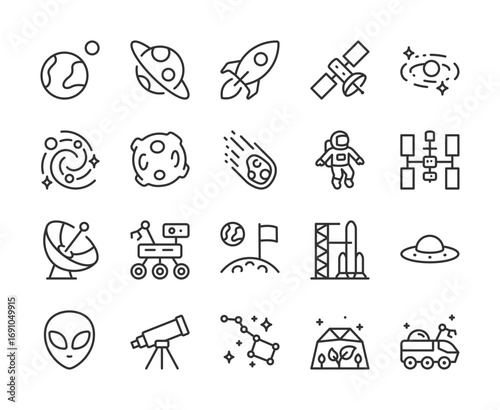 Space Exploration, icon set. Planets, rocket, astronaut, satellite, galaxy, telescope, UFO, alien, meteor, rover, launch pad, constellations, research, cosmic travel. Line with editable stroke