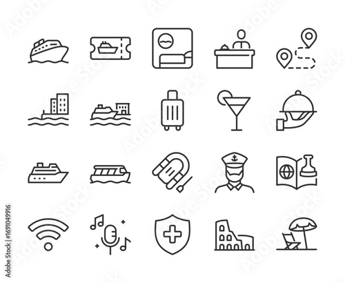 Sea Cruise, icon set. Cruise ship, tickets, cabin, captain, luggage, destinations, dining, cocktails, entertainment, excursions, Wi-Fi, music, safety, travel vacation. Line with editable stroke