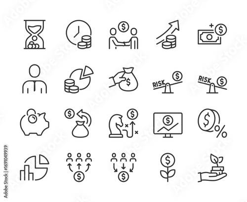 Return on Investment, ROI, icon set. Finance, profit, risk, strategy, savings, growth, percentage, charts, money management, revenue, investment planning, business success. Line with editable stroke