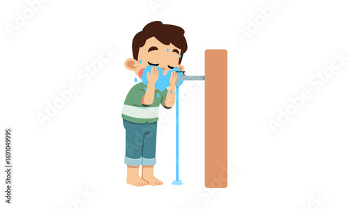 Cartoon illustration of a sick little boy feeling nauseous and vomiting green liquid, suffering from food poisoning or stomach flu symptoms on a white background