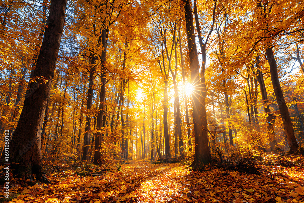 Fototapeta premium Bright Sun Shining Through a Golden Autumn Forest with a Leaf-Covered Path