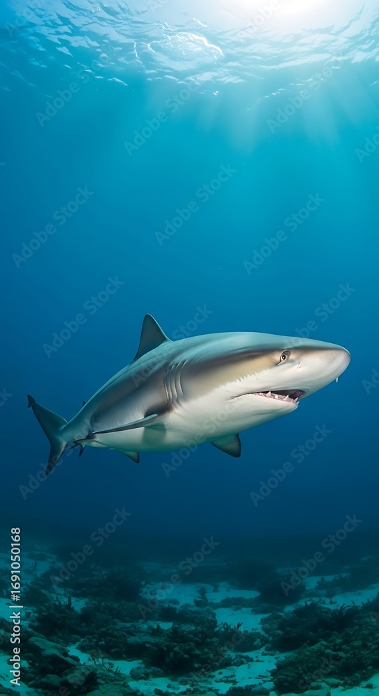 Fototapeta premium Powerful gray reef shark gracefully swims in deep, vibrant blue ocean waters, showcasing sunbeams shining through the surface.