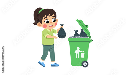 A smiling cartoon girl responsibly throwing a black garbage bag into a green wheelie bin.