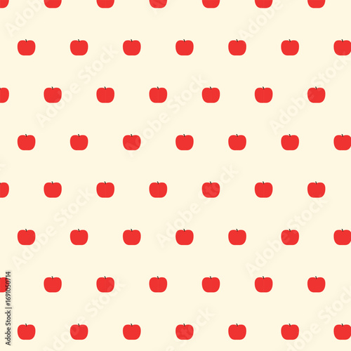 Seamless vector pattern of whole red apples on a soft ivory background. Perfect for food design, textile prints, wrapping paper, and children’s illustrations.
