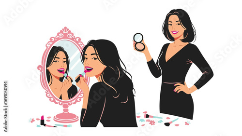 Two stylish women applying makeup and preparing for a night out one looking in a decorative mirror and applying lipstick the other holding a compact