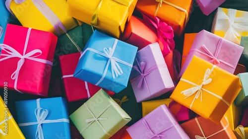 A joyful pile of colorful gift boxes tied with playful ribbons, evoking childhood excitement and wonder.