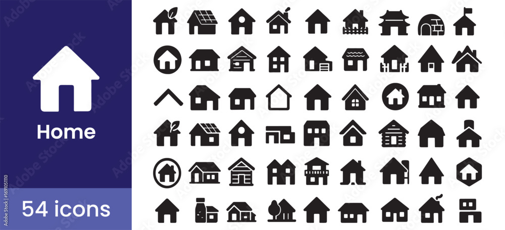 Obraz premium Home icon set with house and building symbols for real estate and property. Solid glyph illustrations for residential architecture and homepage design.