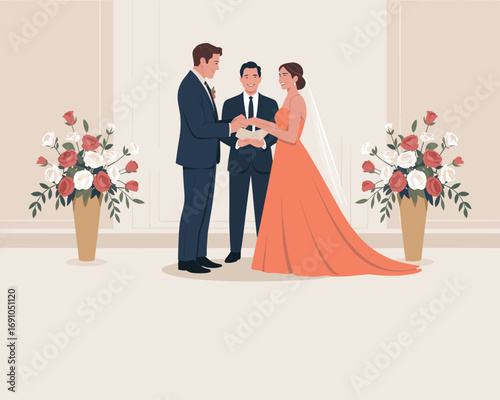 Wedding Ceremony Illustration Couple exchanges vows with officiant and floral decor