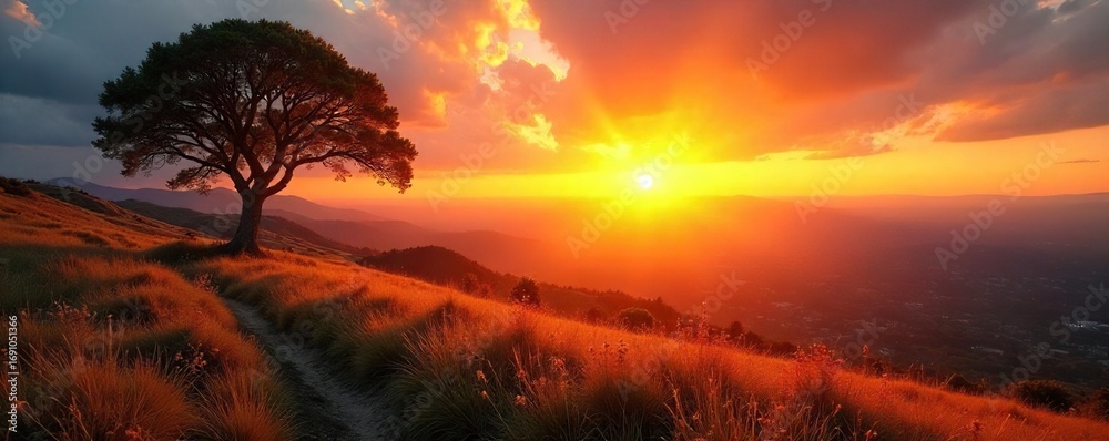 Obraz premium Serene landscape bathed in the warm hues of a breathtaking sunset, casting long shadows across the tranquil land Perfect for travel, nature, and serenity themes , orange, hills, beautiful