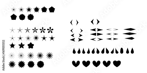 Collection of varied black silhouette shapes including stars diamonds hearts and teardrops arranged in rows