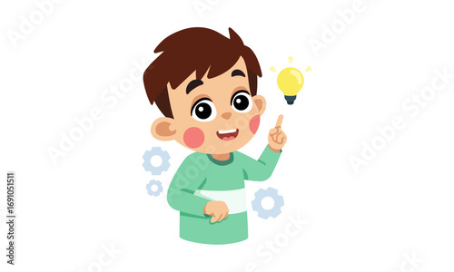 Boy with an idea, light bulb above his head, cartoon illustration.